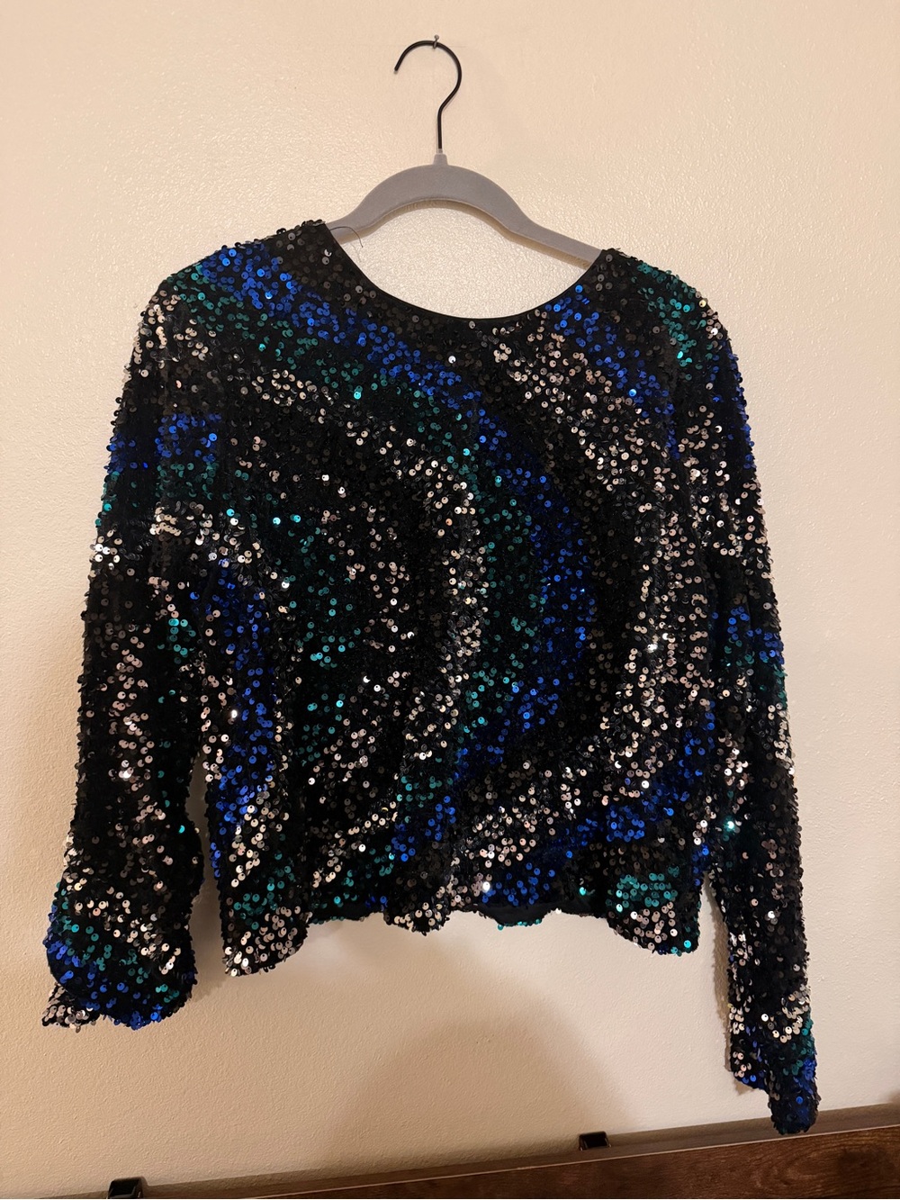 Inntempo Black Sequin Long Sleeve Top with Blue & Teal Accents